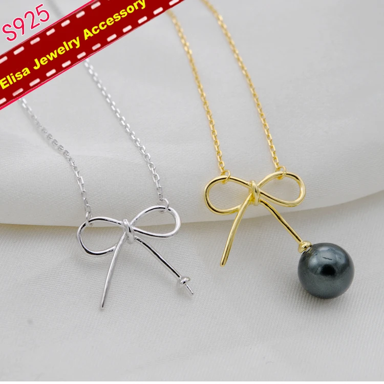 Bowknot Design Pearl Pendant Necklace Findings S925 Sterling Silver Chain Accessory Silver&ampGold Color 3Pcs/Lot | Украшения и