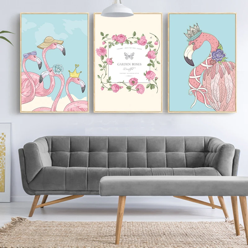 

Beautiful Garden Rose Elegant Noble Flamingos Design Posters Canvas Painting Cafe Home Decoration On Canvas Wall Print Artworks