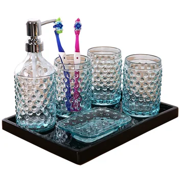 

Creative transparent blue bathroom five-piece glass washing set brushing cup with tooth cup cup LO7281119