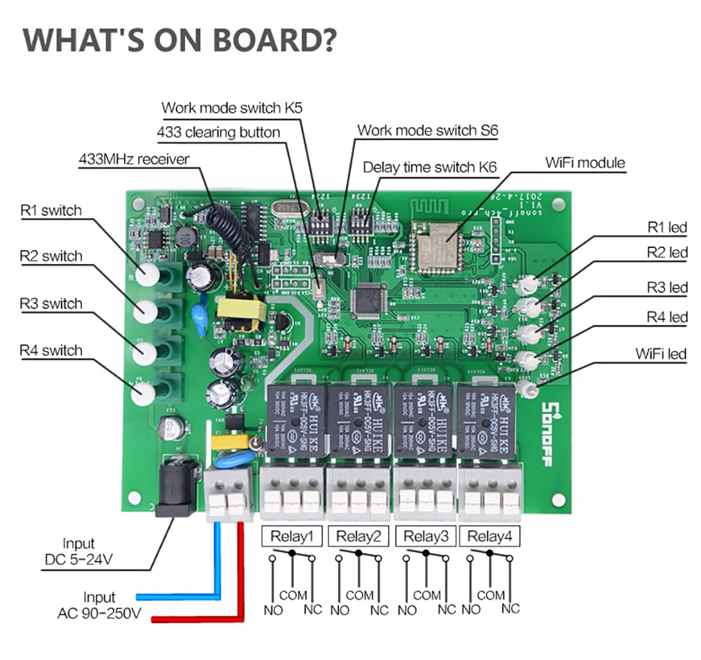 Sonoff 4CH Pro R2 10A/банды 4 канала Wi-Fi Smart Switch 433 MHZ РФ дистанционного Wifi освещение Коммутатор поддерживает 4 устройства работает с Alexa