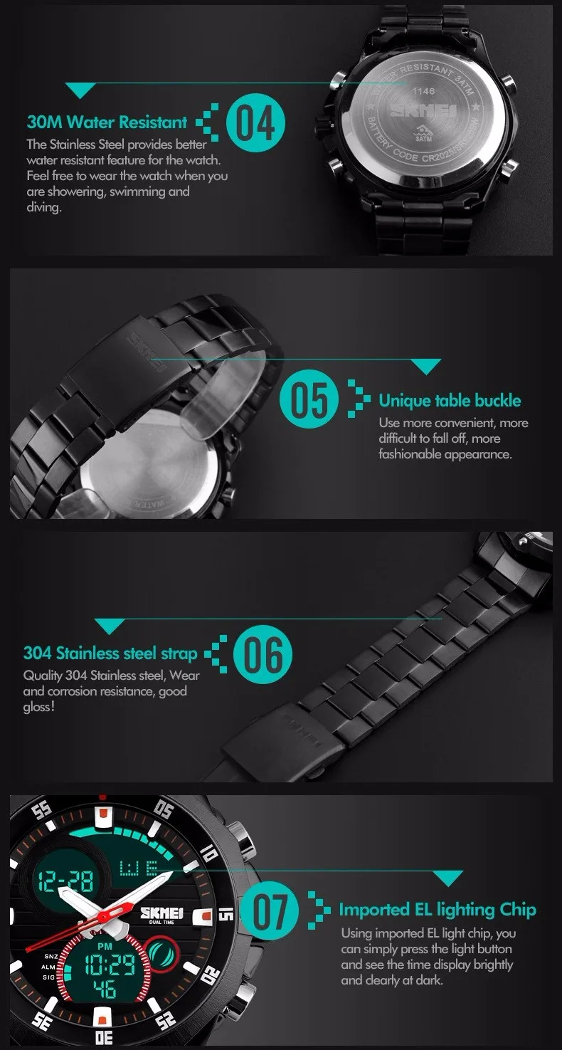 Top Luxury Brand SKMEI Men's Watches Full Steel Quartz Analog Digital LED Army Military Sport Watch Male Relogios Masculinos