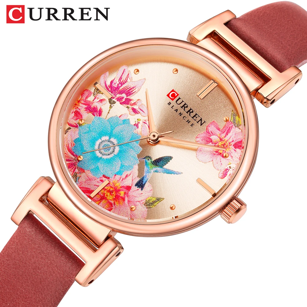 

CURREN Women Watch Flower Bird Simple Style Quartz Lady Rose Gold Waterproof Leather Wristwatch Female Watches Clock reloj mujer