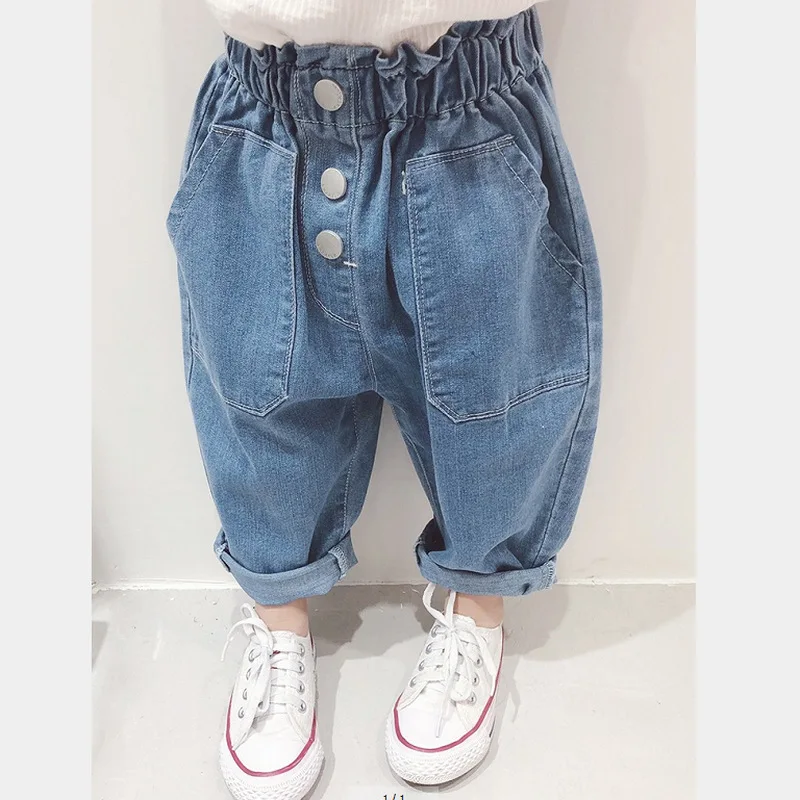 

80-120 cm Spring Girls Denim Jeans Casual South Korea Pants Loosen Trousers Blue Harem Pants for little Child Baby clothing