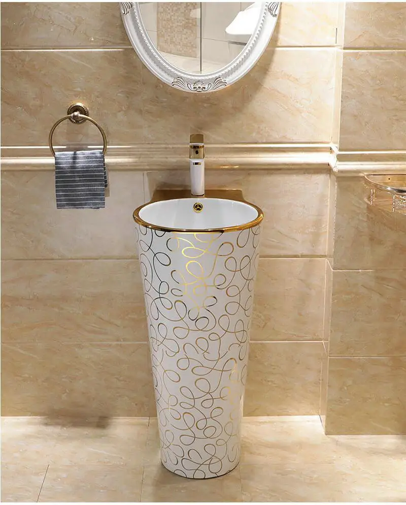 Mosaic Gold Stylish Round Pedestal Sink Ceramic Bathroom Sink With