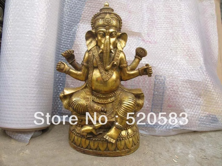 

free 18.5"Tibet Bronze Gild Four Arms hand Ganapati Elephant God mammon Buddha Statue fast