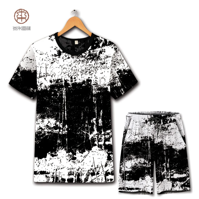Персонализированные креативные чернила печать мода негабаритных футболка и шорты костюм Лето 2018 мягкие дышащие качественные мужские