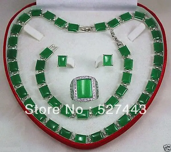 

Wholesale Beautiful green jade necklace bracelet earring ring Jewellery set size 8-11 (A0424)
