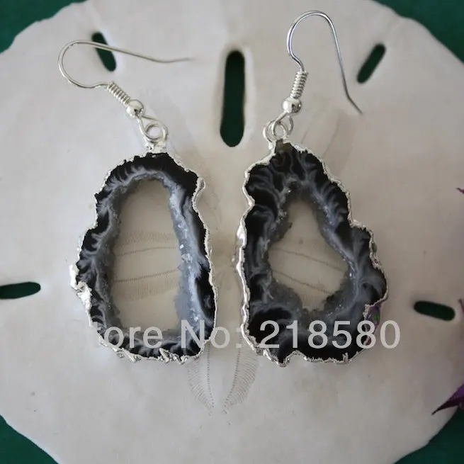 

H-QE04 5pairs/lot Black Agat Slice Geode Druzy Earrings Silver Plated