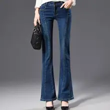 Повседневные брюки с широким клешем для женщин; большие размеры; джинсы из денима; средняя талия; полная длина; Осень-весна; для похудения; новые модные брюки; tyn0720