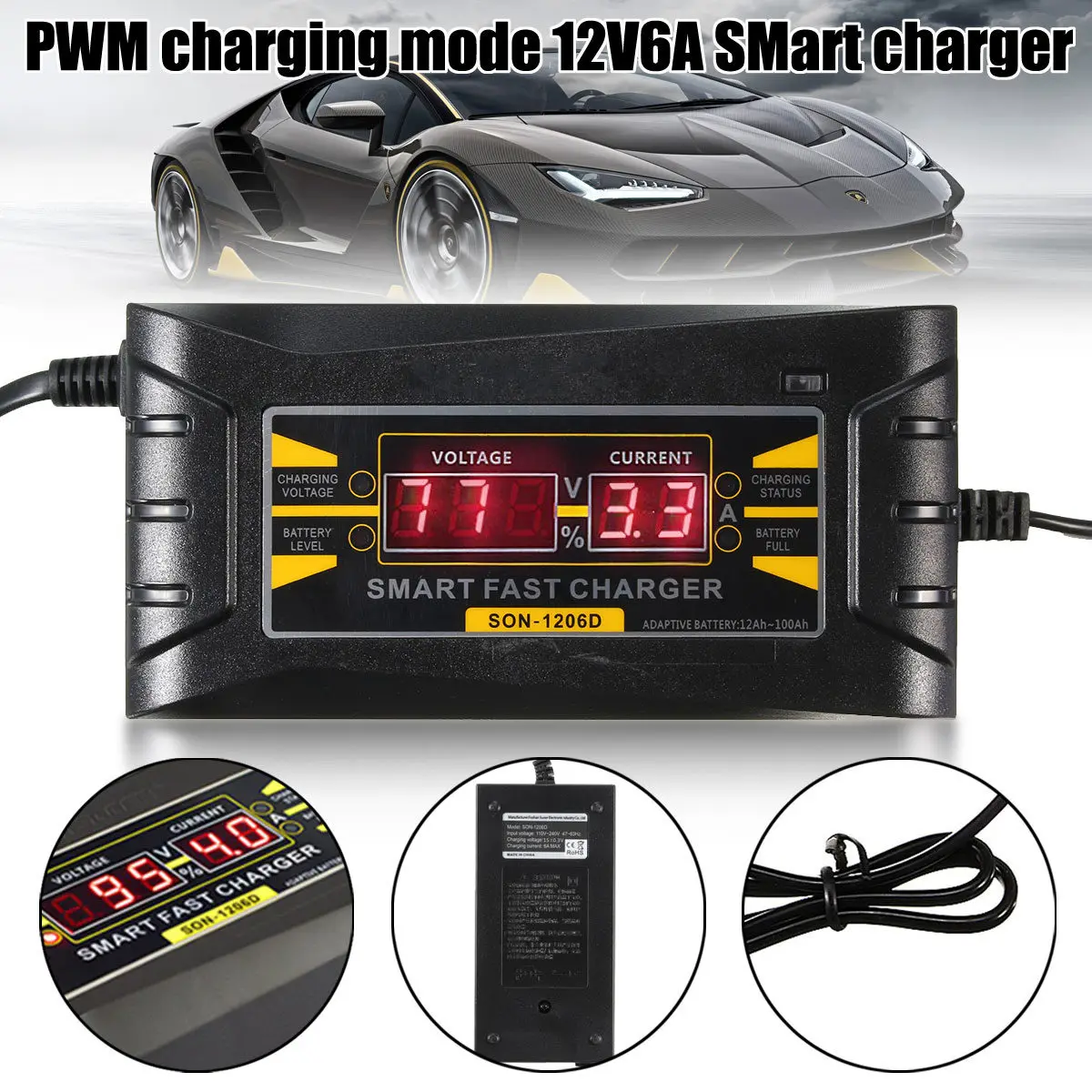 

Digital LCD 12V 6A Electronic Smart PWM Lead Acid Battery Charger Cable Fast Charger For Car Motorcycle