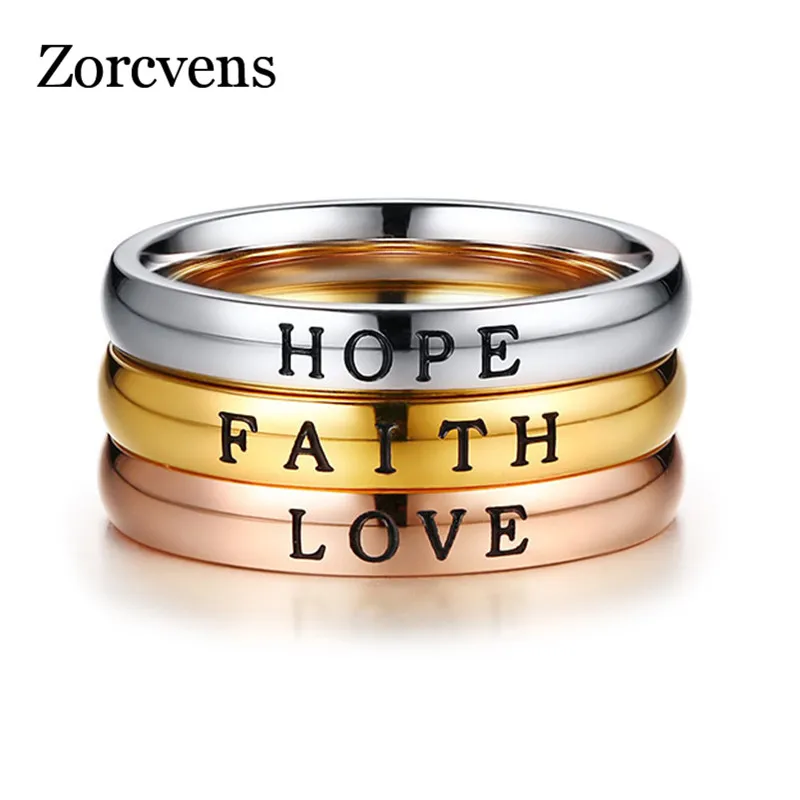

ZORCVENS 2019 New Fashion HOPE FAITH LOVE Women Ring Elegant 316L Stainless Steel 3 Tones Female Party Accessories