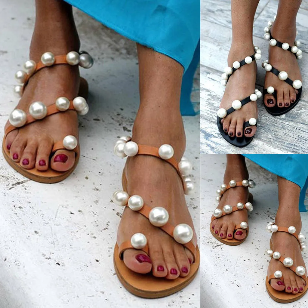 

Bohemia style Flats Sandals Retro Women String Beading Crystal Anti-Slip Toe Post Pearl Stiching Roman Beach Shoes Cross Strap