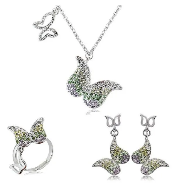 

OMH wholesale Butterfly 18KT white gold Austrian crystals fashion Pendant Earrings + necklace + ring Jewelry set 4241