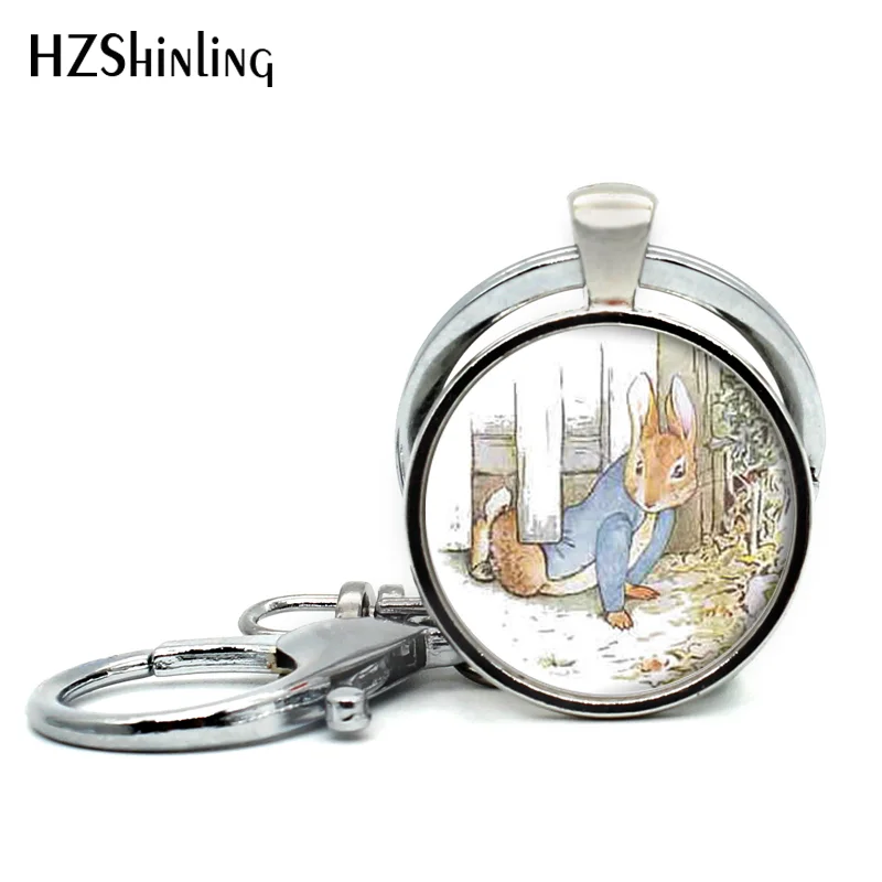 

2017 New Arrival Peter Rabbit Pendant Keychains Lovely Rabbit Jewelry Cute Animal Glass Cabochon Key ring Wholesale