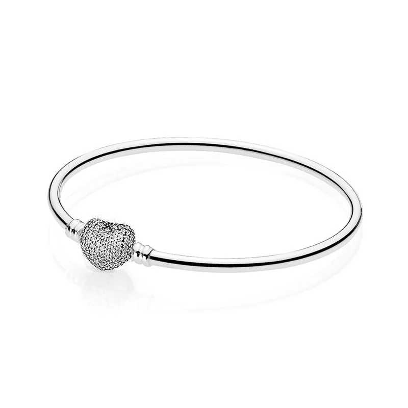 

Real 925 Sterling Silver Original Moments Pave Heart Clasp Pandora Bangle Clear CZ Fit Women Bead Charm Bracelet DIY Jewelry