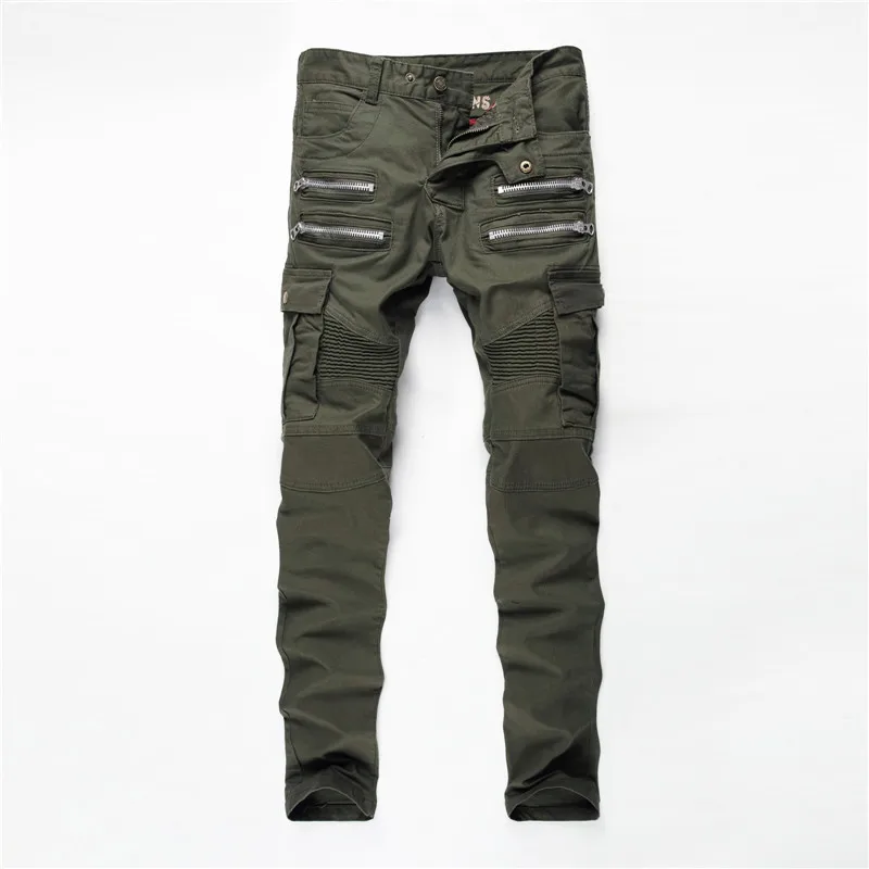 Army Green Zipper Packet Jeans Men's Pleated Stretch Denim