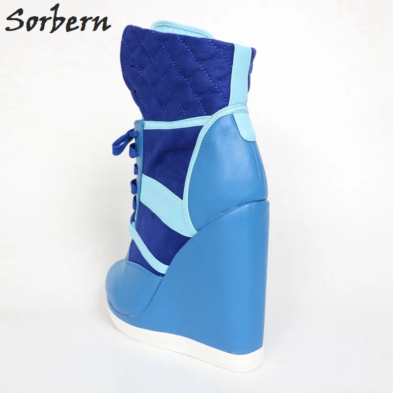 Custom Colors High Heel Sneaker Wedge Boots - Sorbern Blue Women's Lace Up Ankle Boots with Round Toes and Hidden Wedge Sneakers image 3