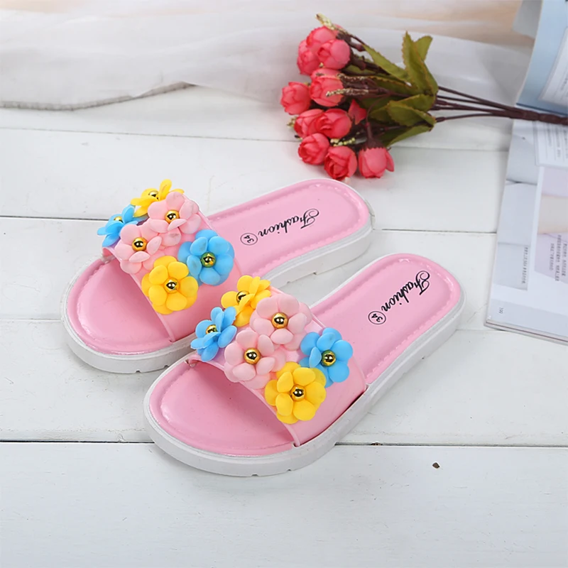 Детские тапочки для девочек с цветочным принтом и бантом; одинаковая обувь для мамы и дочки; летние домашние тапочки для душа; нескользящая пляжная обувь принцессы