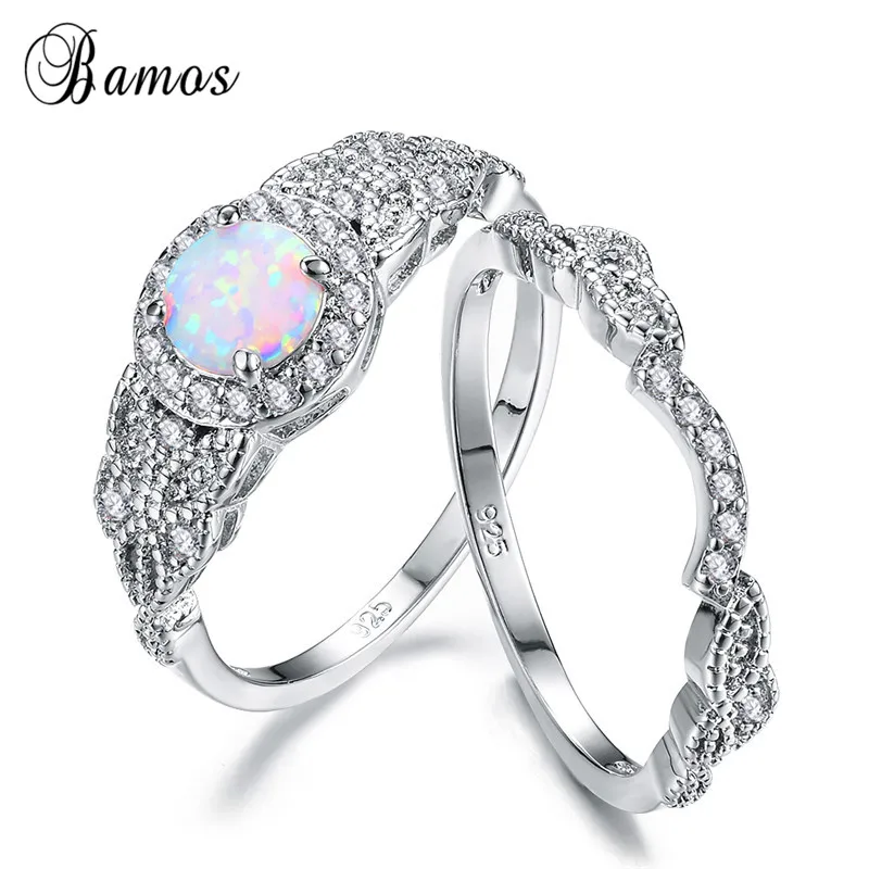 Bamos Luxury Wedding Ring Set RainBow Opal Stone Ring Vintage Leaf Ring For Women White Gold