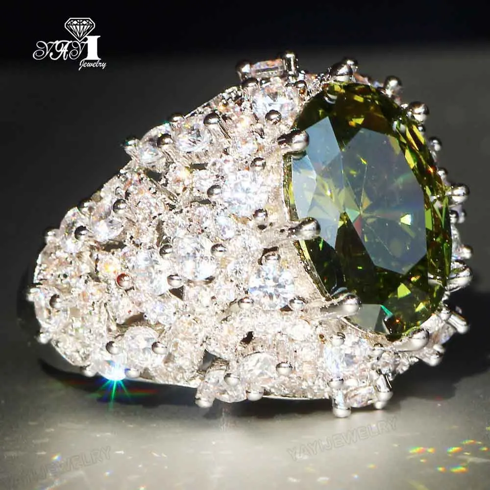 YaYI Jewelry Princess Cut Huge Green Peridot Zircon Silver Color Engagement Wedding Heart Girls Party Rings Gifts