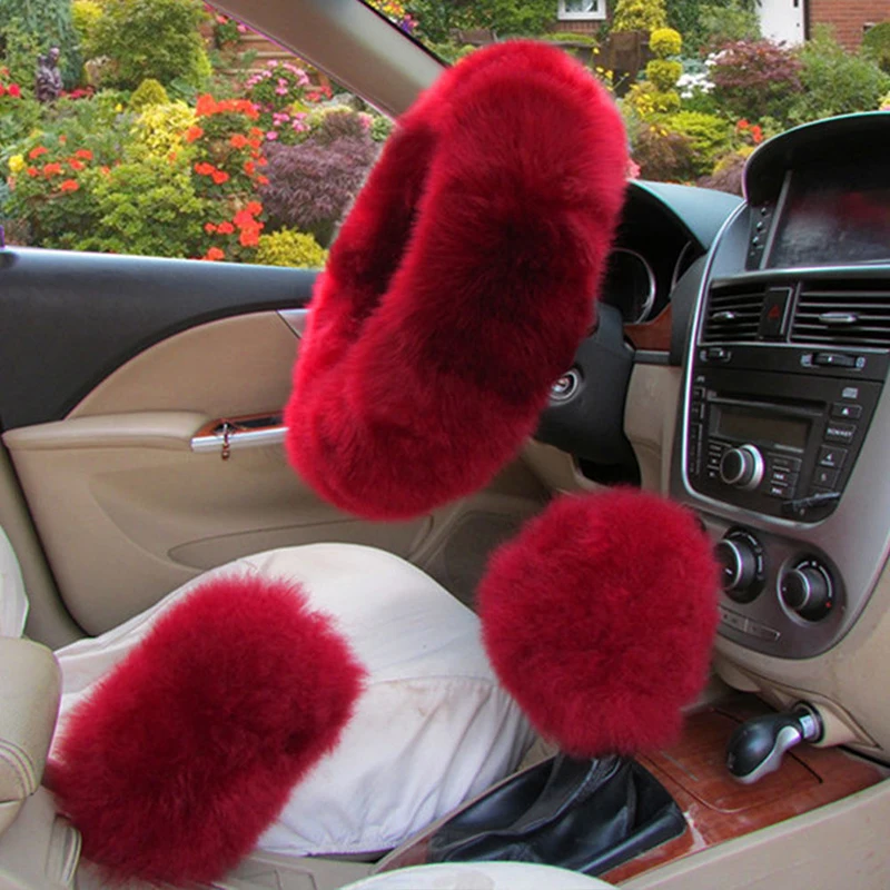 Billig Lange Plüsch Warme Lenkrad Abdeckung Woolen Handbremse Auto Zubehör Auto Pelz 3pc