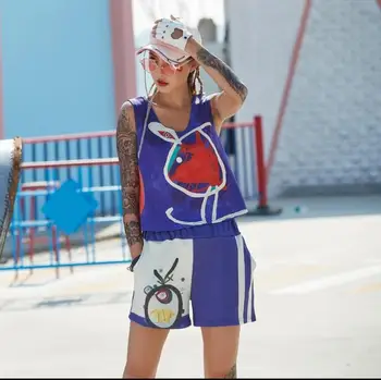 

Pre-Sale 2018 New Arrival Summer Women Set Printed V Neck Vest And Shorts Graffiti Casual 2 Piece Set Hip Hop Dance Clothes