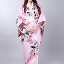 Горячая Японские Женские шелковые атласные кимоно вечернее платье юката Цветы Один размер Розовый