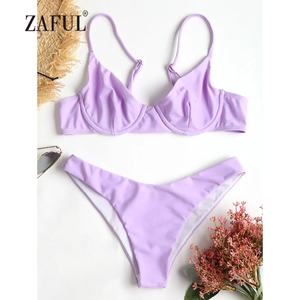 

ZAFUL Push Up Bikini Underwire Swimwear Women High Cut Swimsuit Spaghetti Straps Solid Mauve Bathing Suit Sexy Thong Biquni