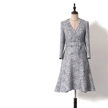 

Handmade Luxury Dress for Women Fashion Tweed V Neck Wrist Sleeve Buttons Tassel Knee-Length Dress