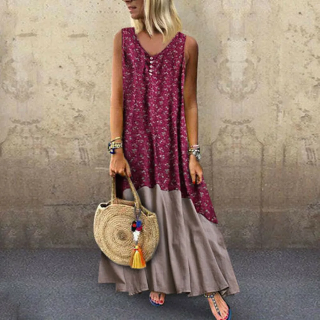 

Dress plus size cotton linen for Plus Size Women Vintage Patchwork Casual Loose Boho Long Plus Size Retro Maxi Dress jurkjes