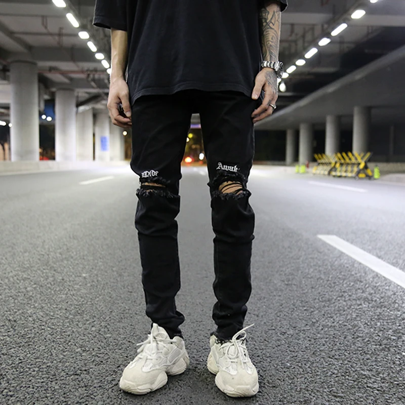 Kopen Borduurwerk Knie Gescheurde Gat Jeans Voor Mannen Hip Hop Skinny Biker Vernietigd Afgeplakt Jeans Slim Fit Black Denim Broek 2018 nieuwe Jogger