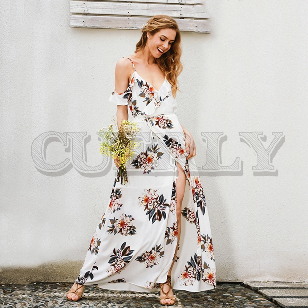 

CUERLY Floral print ruffles chiffon long dress Women strap v neck split beach summer dress Sexy backless maxi dresses vestidos