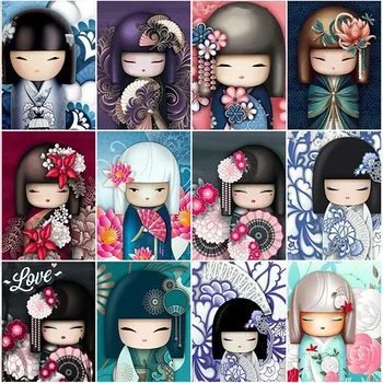 

HUACAN Diamond Painting Full Square Japan Dolls Diamond Embroidery Needlework Painting Cartoon Picture Of Rhinestone Mosaic