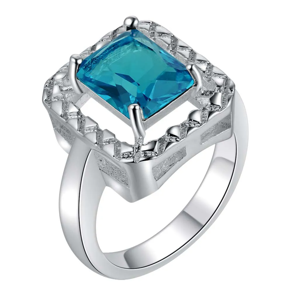 square sea blue zircon shiny Silver Ring Fine Fashion Women&Men Gift