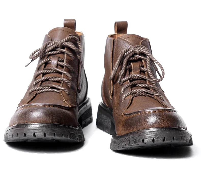 Мужские ботинки в стиле ретро; теплые плюшевые ботинки из натуральной кожи с круглым носком на шнуровке; однотонные ботинки для верховой езды; Мужская зимняя обувь в деловом стиле