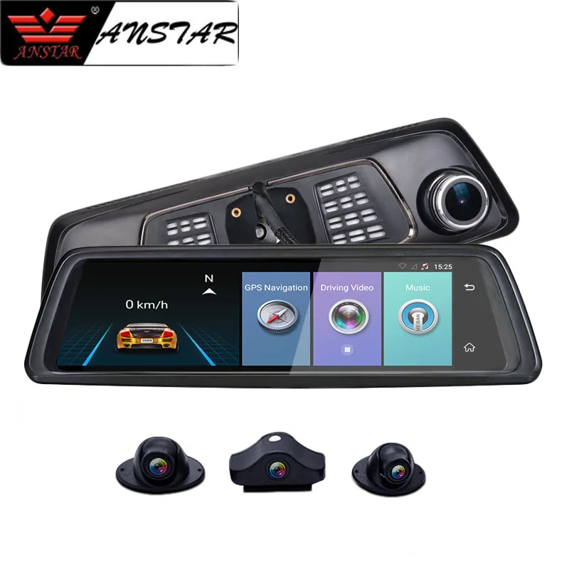 Anstar 10" 4G Rear View Mirror Car DVR 4 Channel Cameras Android 8 Core