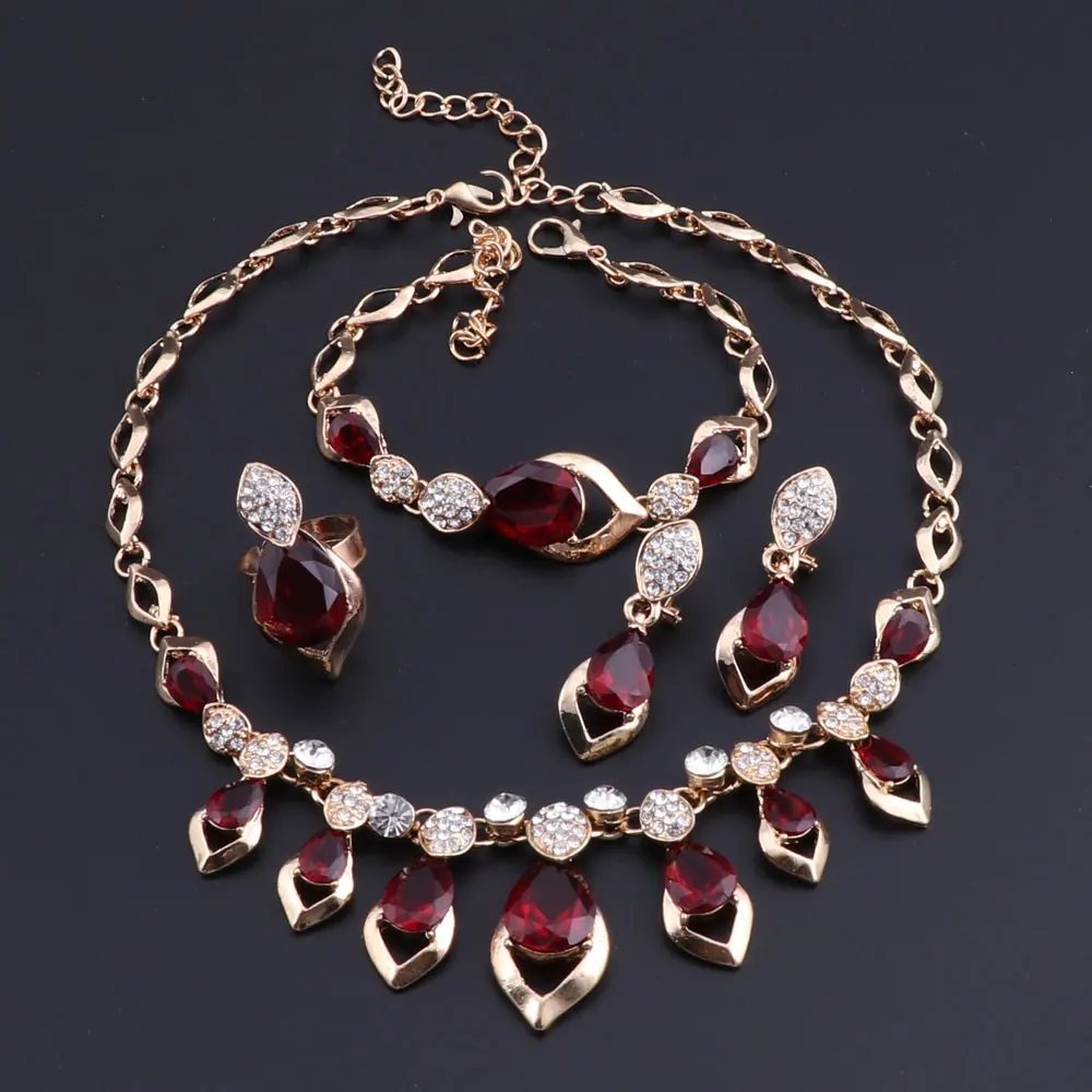 

OEOEOS 8Color Fashion Crystal African Costume Jewelry Set For Women Gold Color Wedding Necklace Earrings Bracelet Ring Set