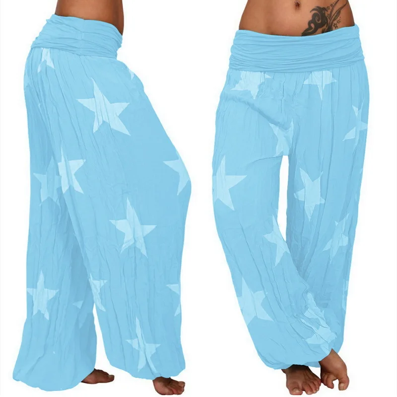 Female Harem Pants Star Print Pink Blue Wide Leg Pants Pleated High Waist Loose Hip Hop Trousers Casual Streetwear Female Harem Pants Star Print Pink Blue Wide Leg Pants Pleated High Waist Loose Hip Hop Trousers Casual Streetwear