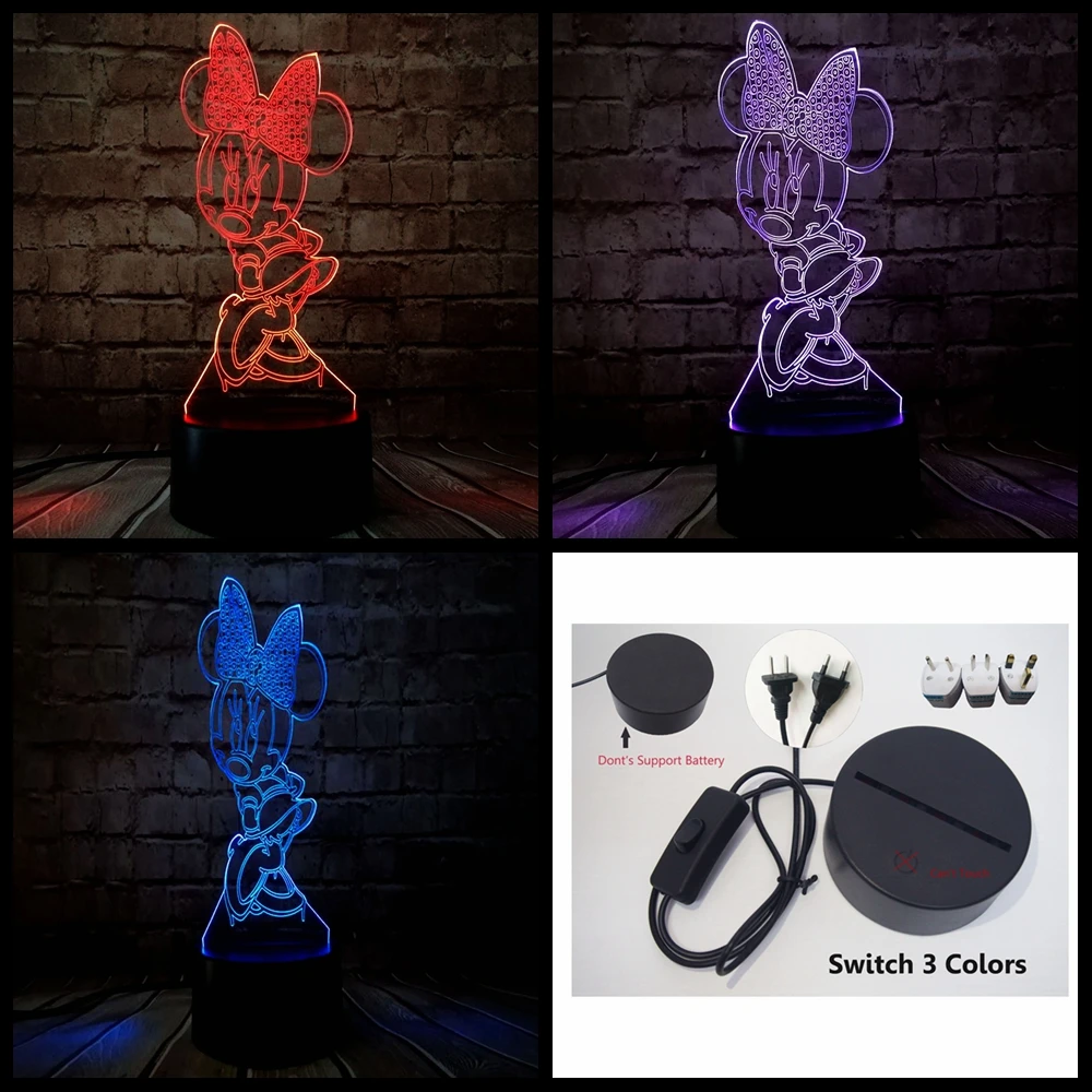 Мультяшный ночной Светильник 3D акриловый Минни Маус RGB декор для детской комнаты для сна светодиодный 7 цветов USB зарядка блеск детский день подарок для девочки