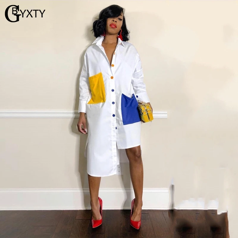

GBYXTY Casual Black White Shirt Dress Contrast Color Pockets Loose Irregular Party Dress 2019 Women Spring Summer Dress ZL134