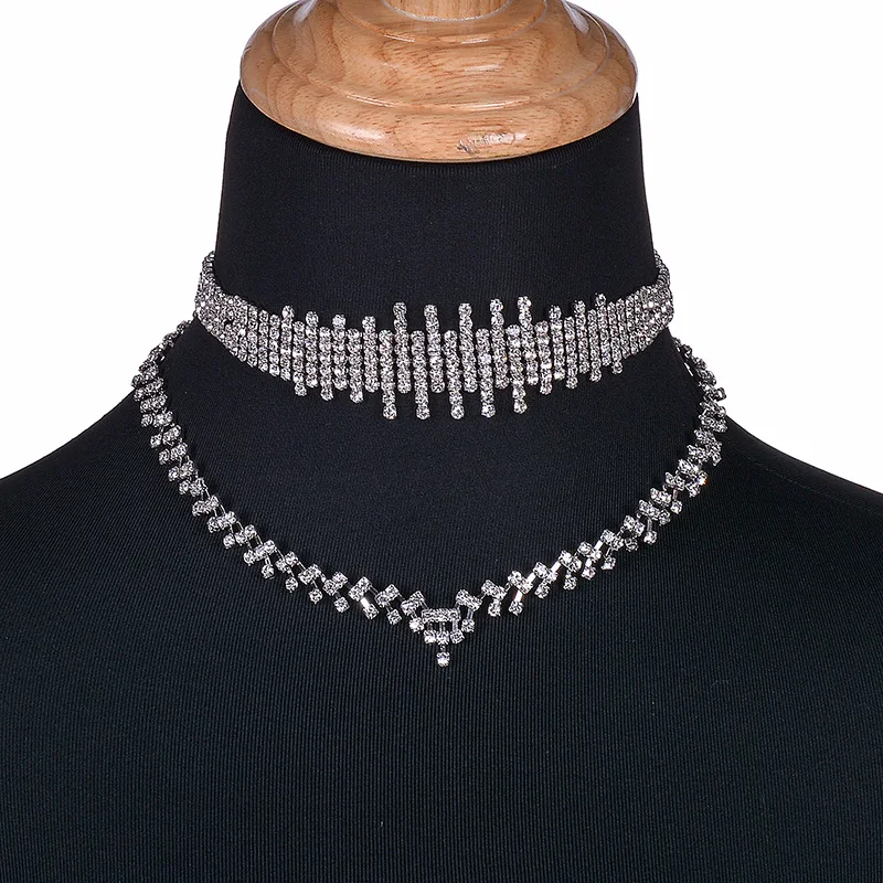 KMVEXO 2017 Fashion Double Layers Heart Crystal Statement Necklace Women Rhinestone Choker Necklace Party Club Wedding Jewelry
