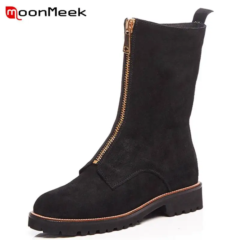 MoonMeek NEW 2018 fashion square med heel ankle boots women zipper cow suede leather round toe sewing winter boots MoonMeek NEW 2018 fashion square med heel ankle boots women zipper cow suede leather round toe sewing winter boots