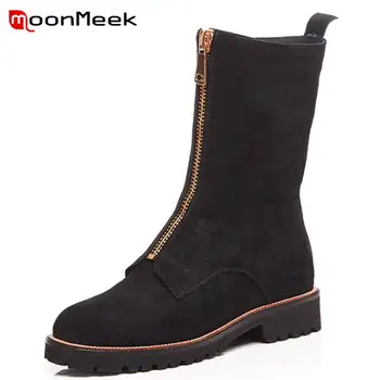 

MoonMeek NEW 2020 fashion square med heel ankle boots women zipper cow suede leather round toe sewing winter boots