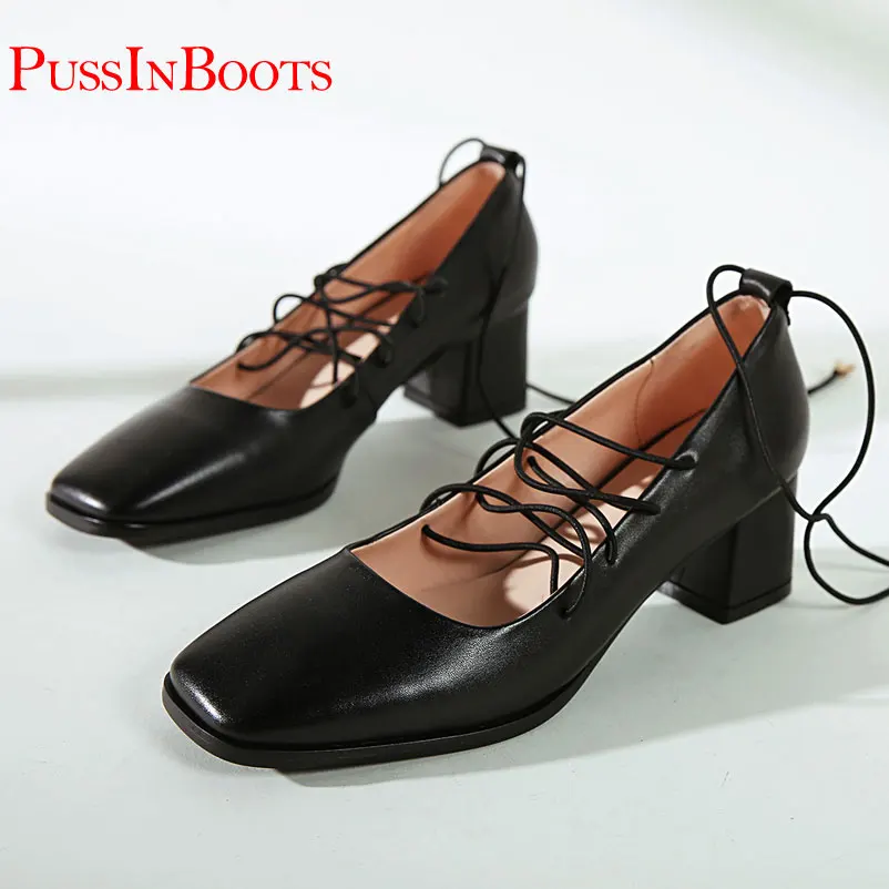 

New Arrival Women Med Heel Shoes Square Toe Gladiator Pumps Female Dress Shoes Genuine Leather Square Toe Pumps For Woman