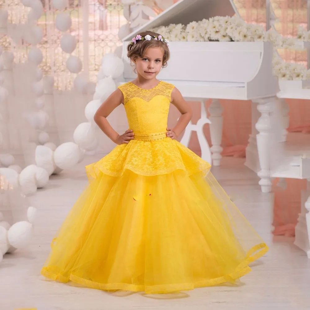Bright Yellow Flower Girl Dress Pageant Ball Gowns for Girls Lace