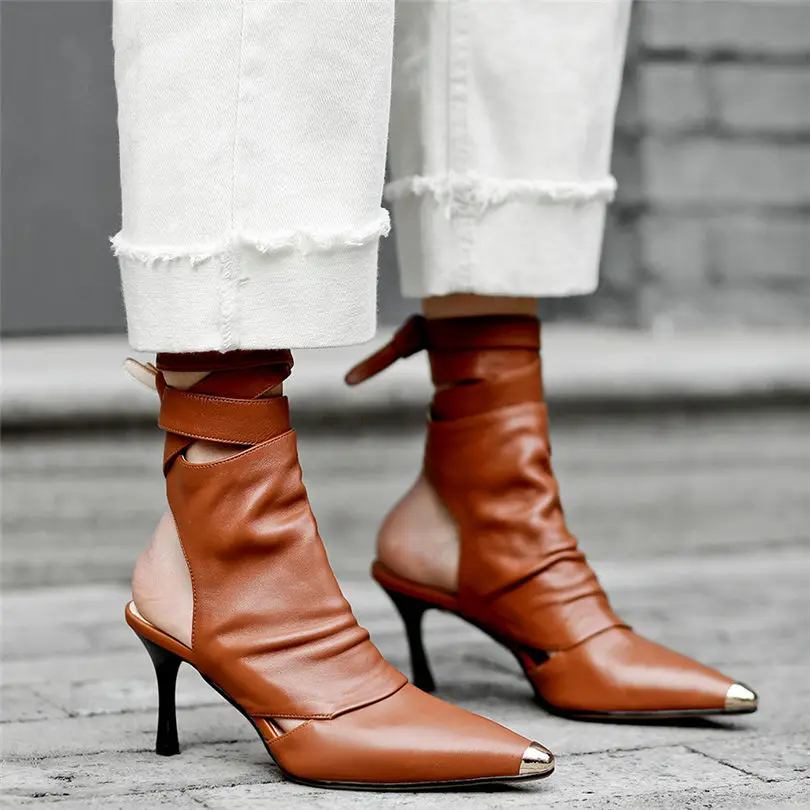 

NAYIDUYUN Women Ankle Cross Strap Genuine Leather High Heel Roman Gladiator Sandals Lace Up Metal Pointed Toe Party Pumps Shoes