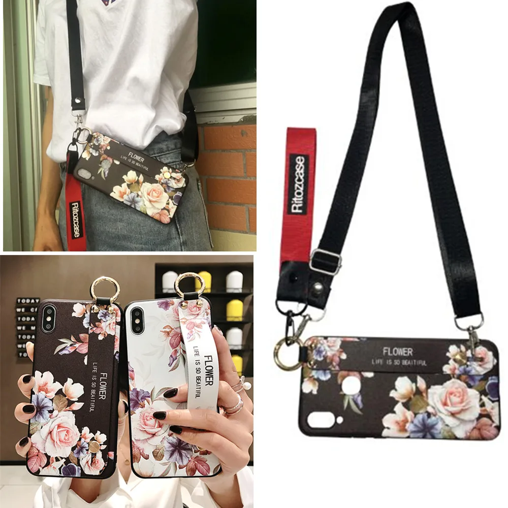 

3d flower shoulder strap silicon case for xiaomi mi A1 A2 8 9 redmi note 7 6 5 pro case cover wristband holder soft phone bag