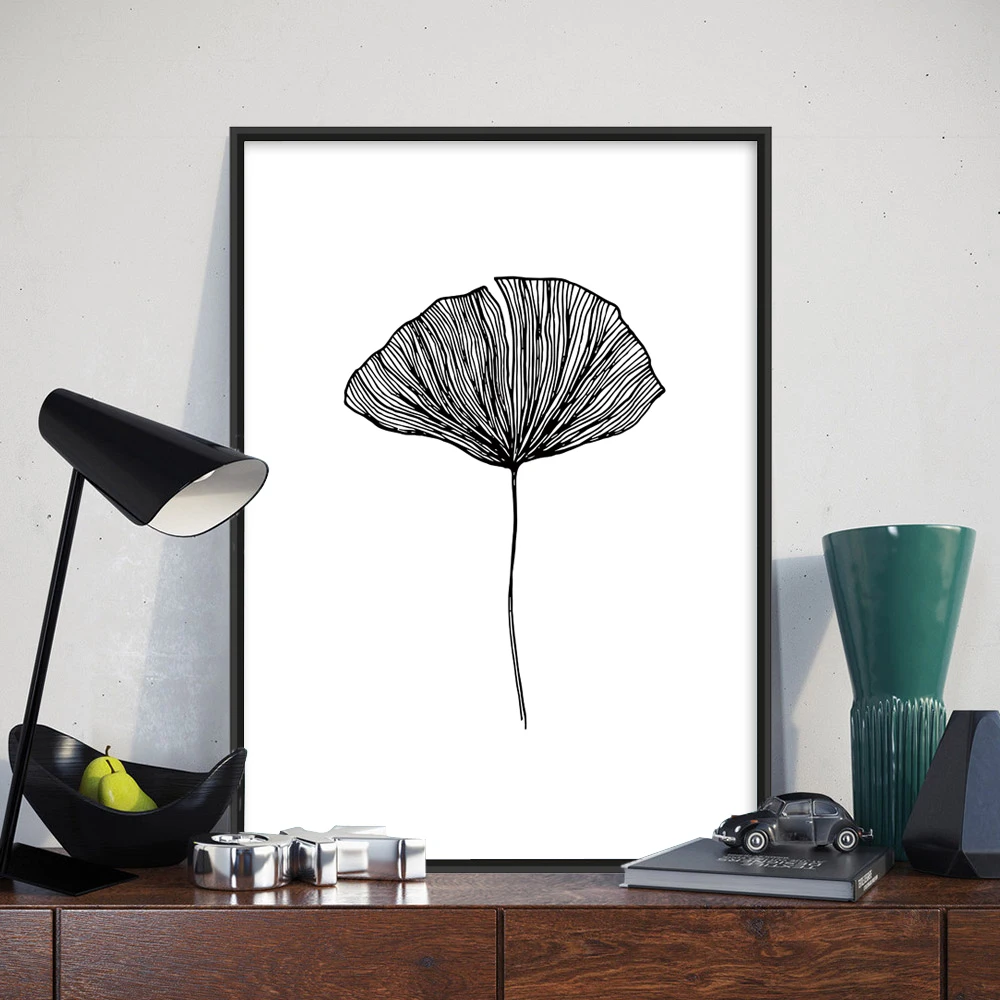 Unframed Canvas Print Painting Poster of Hand-drawn Botanical Simple Style White and Black Line Drawing Ginkgo Leaf LZ523 | Дом и сад