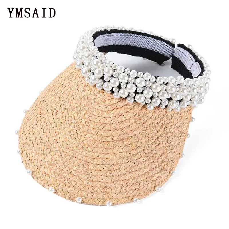 

Fashion Hand-stitched Pearls Headband Sun Hat Sun Protection Hat Summer Travel Lafite Grass Cap female Beach Hat Empty Hat Visor