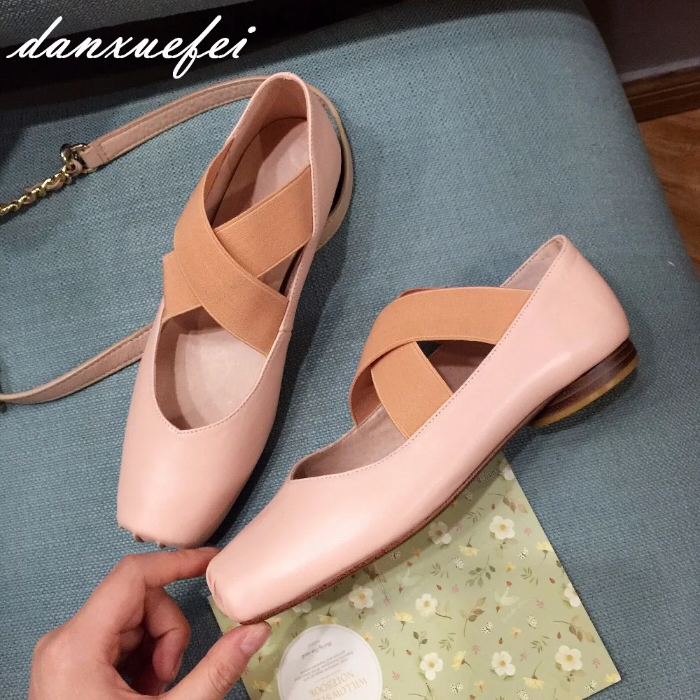 

Women's genuine leather elastic slip-on ballerinas brand designer square toe leisure espadrilles comfort ballet flats shoes sale